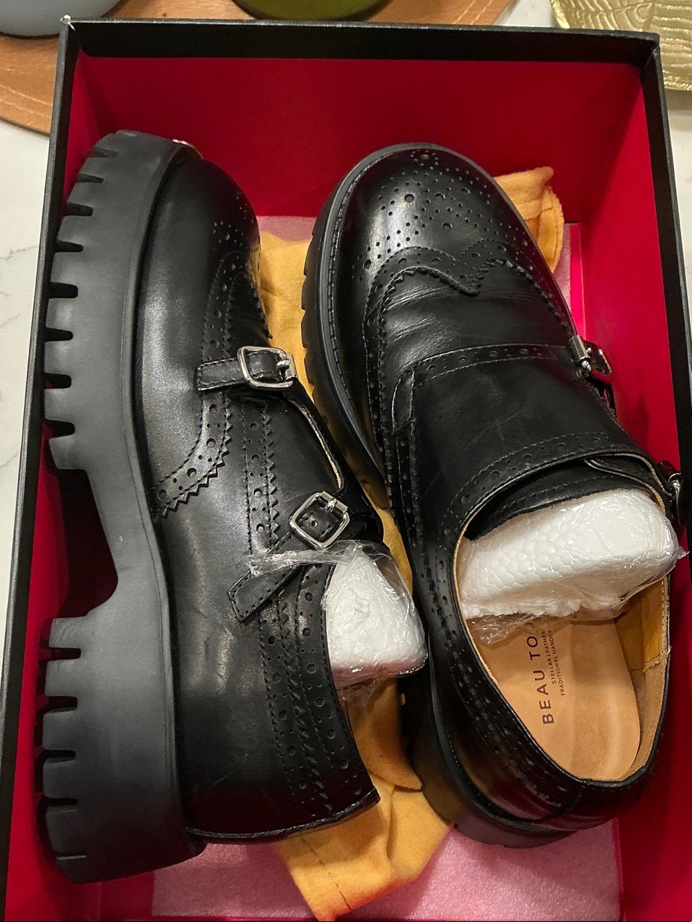 Black Leather Double Monk Brogue Lug Sole Shoes
